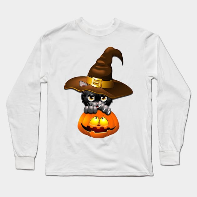 Witch Cat Long Sleeve T-Shirt by BluedarkArt